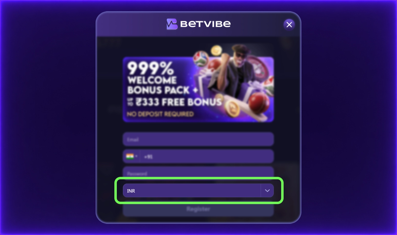 INR account currency selection at Betvibe